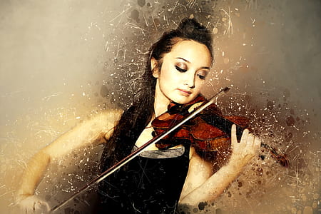 woman wearing black spaghetti-strap top playing brown violin thumbnail