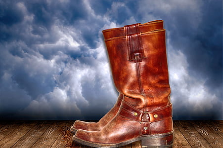 pair of brown leather round-toe chunky heeled knee-high harness boots thumbnail