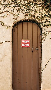 brown wooden door with bewae of dog signage thumbnail