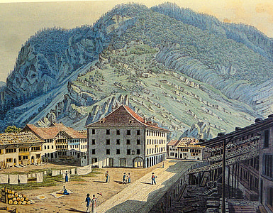Print of Unterseen in 1819 hills and town thumbnail