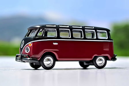 close-up photo of red and black Volkswagen T2 die-cast model thumbnail