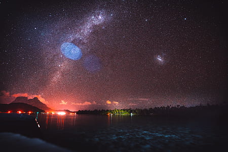 green leafed trees beside body of water under sky with stars thumbnail