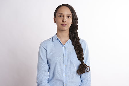 woman wearing blue dress shirt thumbnail
