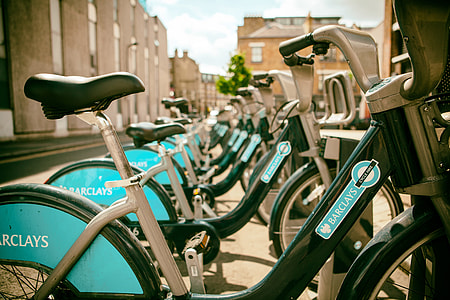 Bicycles are lined-up for hire in Central London thumbnail