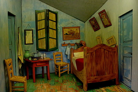 brown bed and red table with chairs painting thumbnail