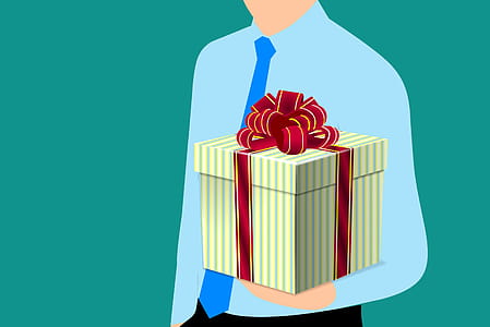 Illustration of man holding a gift box, wrapped. thumbnail