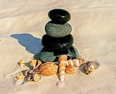 stone stack and shell on sand thumbnail