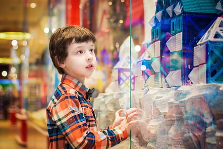 boy's orange, white, and blue plaid flannel shirt thumbnail