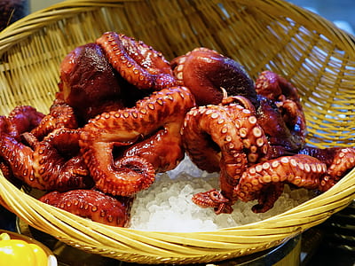 cooked octopus in brown wicker bowl thumbnail