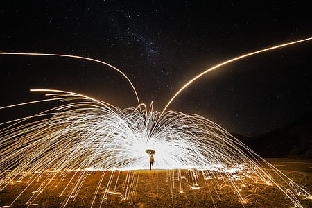 person standing on brown field during night time thumbnail