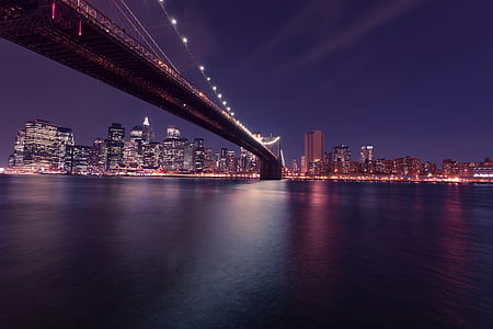long bridge with city skyline background at night-time thumbnail