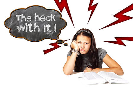 woman studying with The heck with it text overlay illustration thumbnail