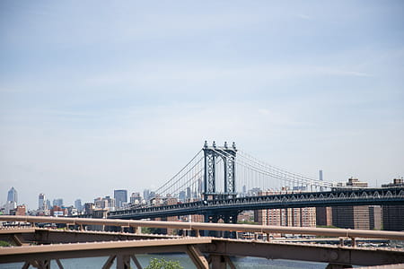 The Manhattan Bridge suspension bridge crosses the East River in New York City thumbnail