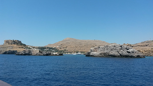 landscape photography of open sea near brown mountain ridge under blue sky during daytime thumbnail