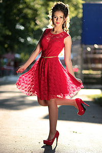 woman wearing red lace crew-neck sleeveless mini dress thumbnail