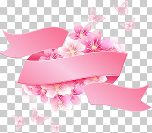 Cherry blossom Flower, Cherry ribbon banner, white and pink petaled flowers PNG clipart