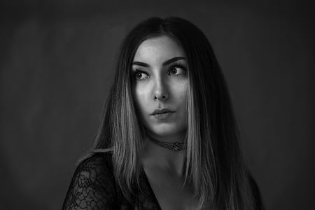 grayscale photo of woman wearing black choker thumbnail