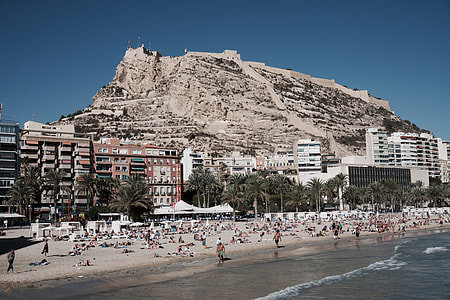 people on brown shore near city with distance to mountain thumbnail