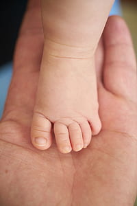 baby left foot on person's left palm thumbnail