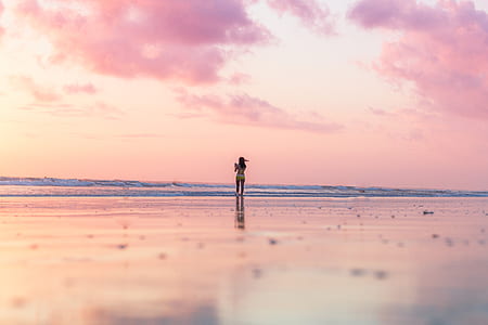 woman standing on sea shore under pink sky with gray clouds thumbnail