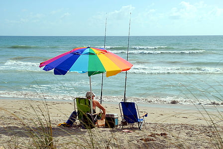 person sitting on camping chair with parasol at the seashore thumbnail