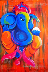 blue, yellow, red, and orange elephant painting thumbnail