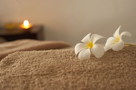 two white petaled flowers on brown towel thumbnail