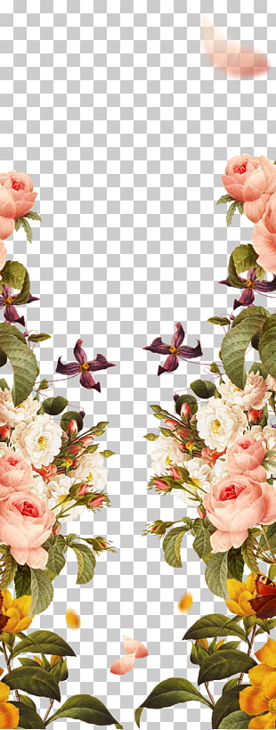 Pink flowers Garden roses, Hand painted pink borders, peach and multicolored flowers illustration PNG clipart