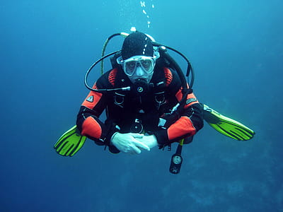 man wearing black and red diving suit underwater thumbnail