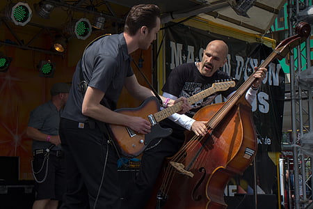 man playing electric guitar beside another man playing upright bass thumbnail
