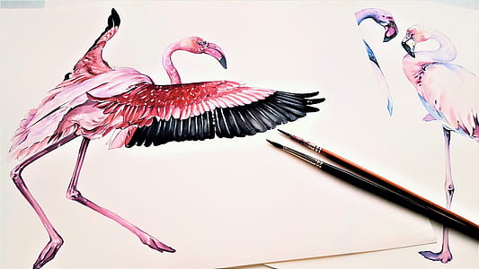 two pink flamingo art with two paint brushes thumbnail