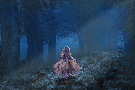 girl running in dark forest wallpaper thumbnail