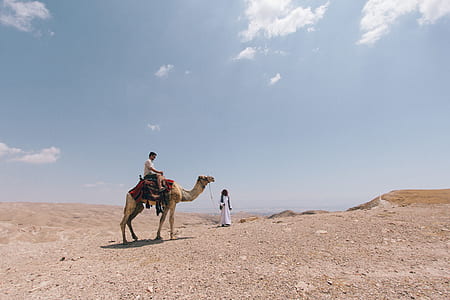 man riding camel in desert during daytime thumbnail