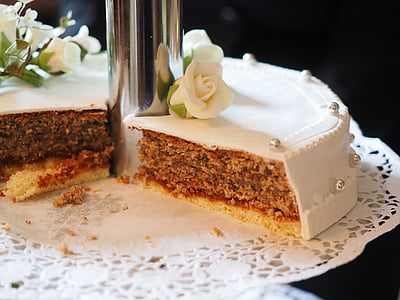 sliced fondant cake with white flower accents thumbnail