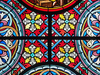 white, red, and yellow floral stained glass artwork thumbnail