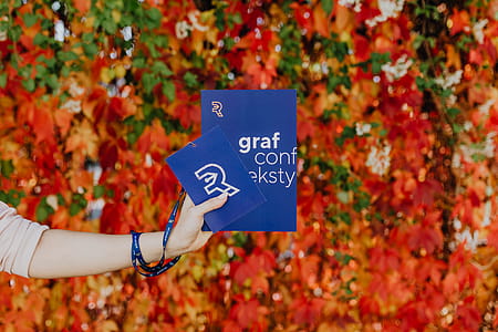 Girl with the Grafconf book on the background of colourful leaves thumbnail