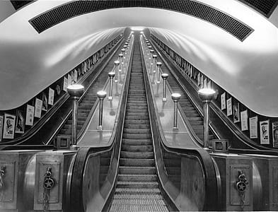 grayscale photo of escalator thumbnail