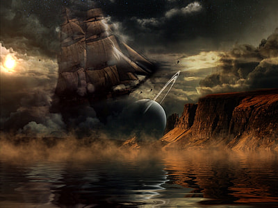 sail ship photograph in front of fallen planet above body of water thumbnail