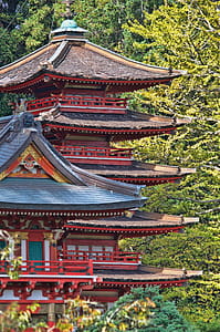 Red and Blue Temple Behind Green Leaf Trees at Daytime thumbnail