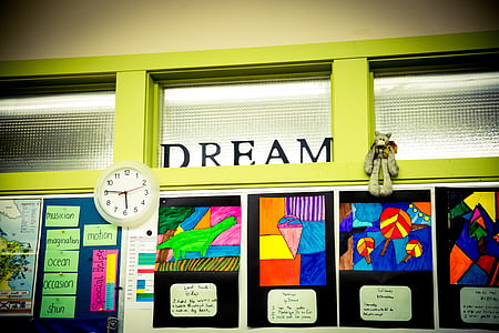 assorted paintings on wall beside analog clock thumbnail