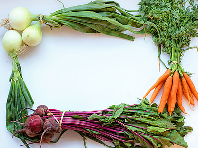 bunch of carrots, red, radish and white onions on surface thumbnail