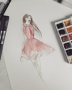 painting of woman wearing red sleeveless dress on white printer paper thumbnail