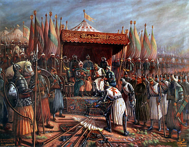 Saladin and Guy de Lusignan after battle of Hattin in 1187 during the Crusades thumbnail