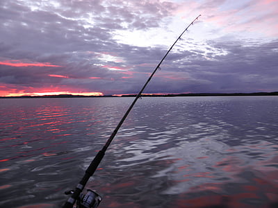 fishing pole fronting body of water during golden hour thumbnail