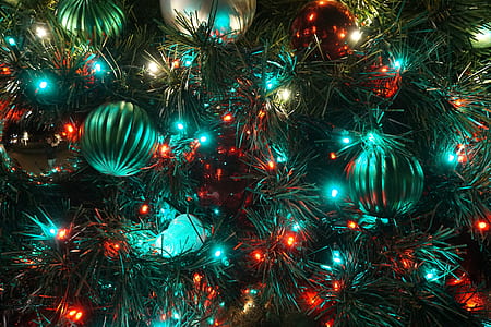 green and red baubles with string lights thumbnail