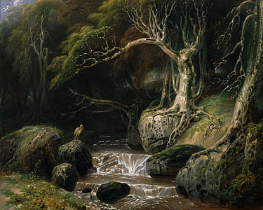 painting of body of water near trees thumbnail