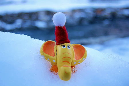 close-up photography of yellow and orange elephant toy on snow thumbnail