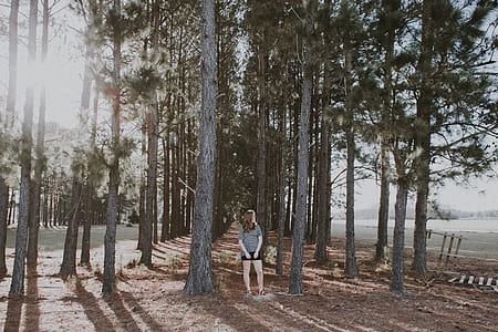 woman standing in between trees thumbnail