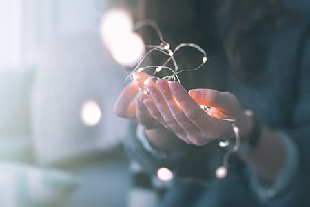 person holding lighted LED string lights thumbnail