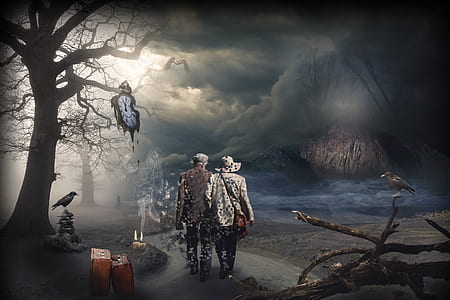 two men walking on spooky forest wallpaper thumbnail